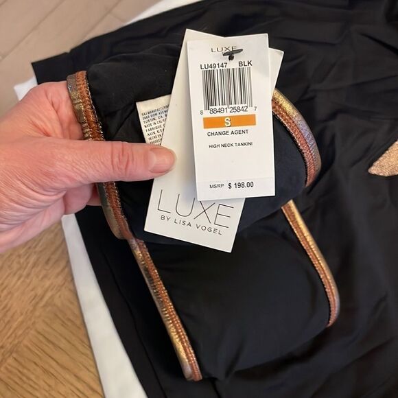 LISA VOGEL LUXE TWO PIECE HIGH NECK TANKINI. BLACK WITH COPPER/BRONZE. … - Picture 5 of 9